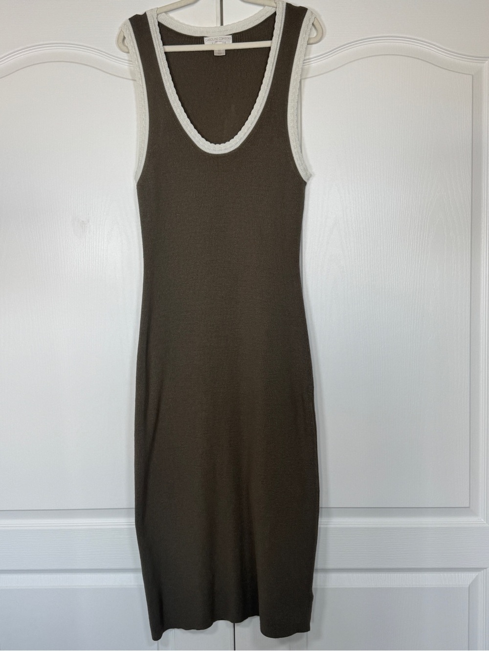 Caroline Constas Ribbed Knit Maxi Dress Olive Green White Trim Large VGUC